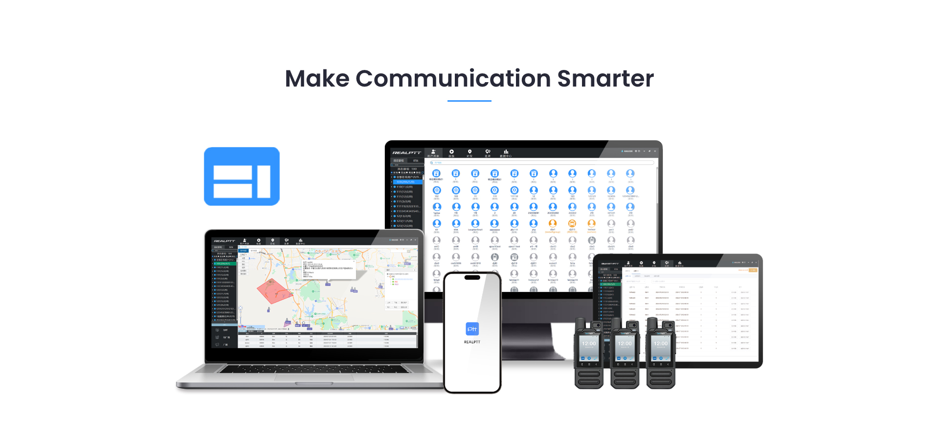 Real-PTT-plattformen vist på dispatch-konsoll, kartvisning, smarttelefon og PTT-terminaler